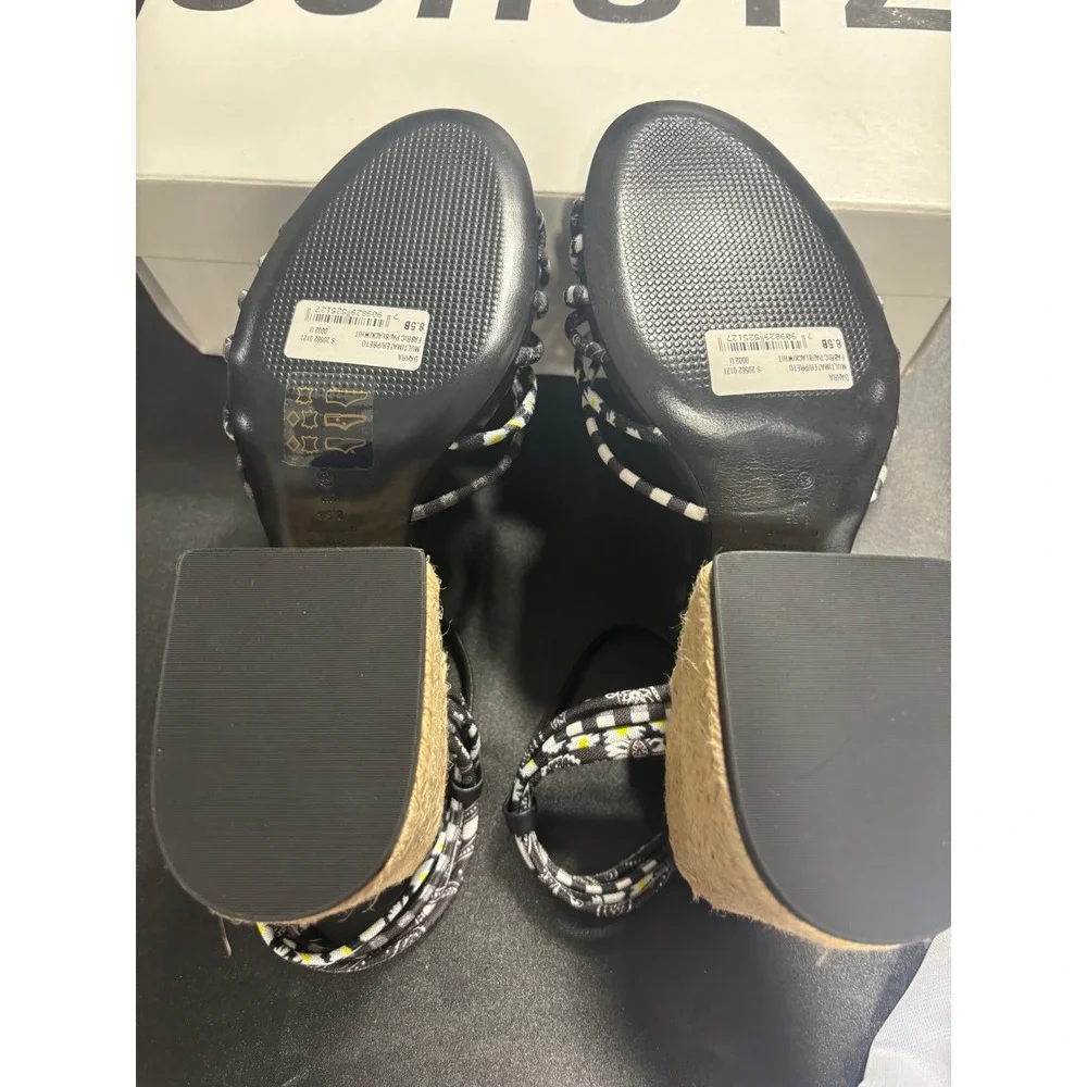 Schutz Dahira Black Gingham Daisy Print Espadrille Block Heel Sandals 8.5B